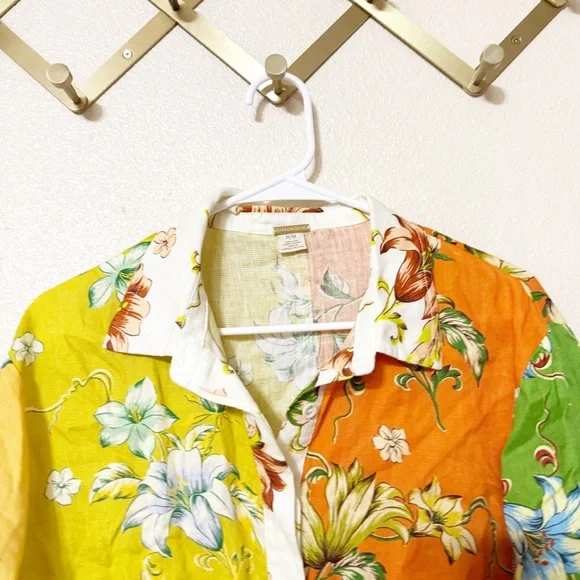 Magaschoni Linen Colorblock Tropical Print Button Up Short Sleeve Blouse Medium - Picture 2 of 5